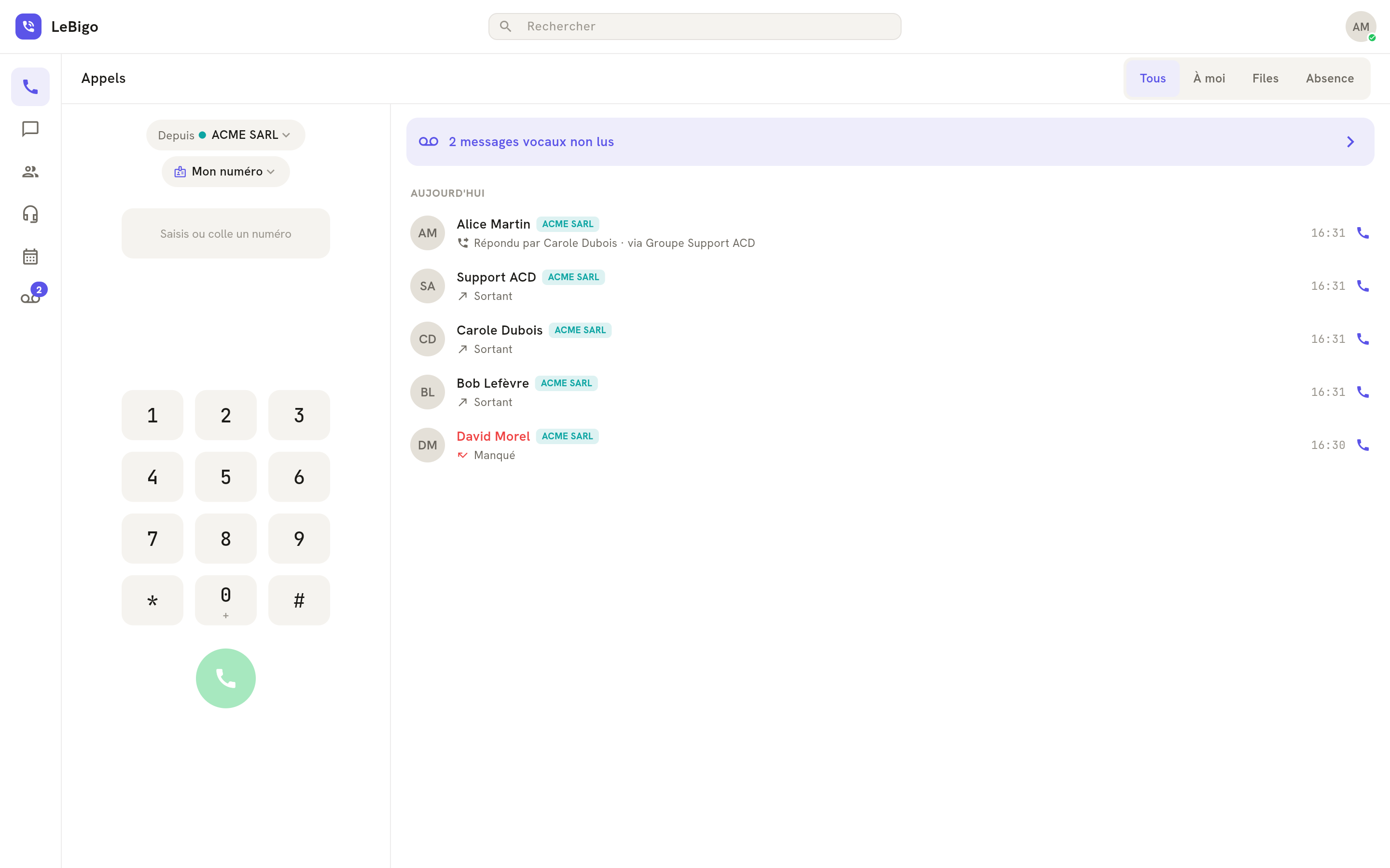 LeBigo : clavier d'appel et historique