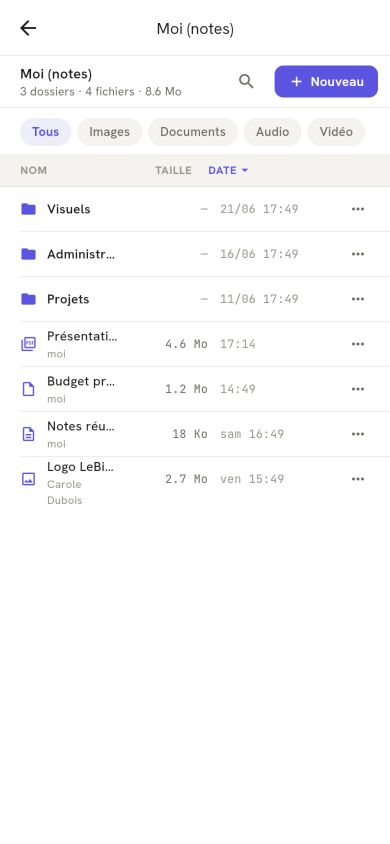 Contenu d'un dossier LeBigo sur mobile